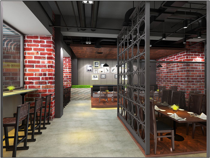 港式工廠風(fēng)主題餐廳過道區(qū)域裝修設(shè)計案例效果圖