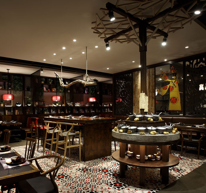 沉穩、古樸、自然、寧靜的火鍋店擺放區域方案設計效果圖