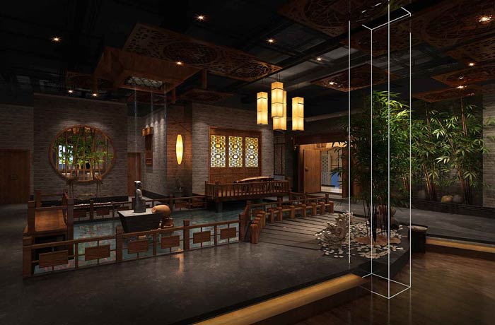 中式火鍋店中庭裝修設計效果圖