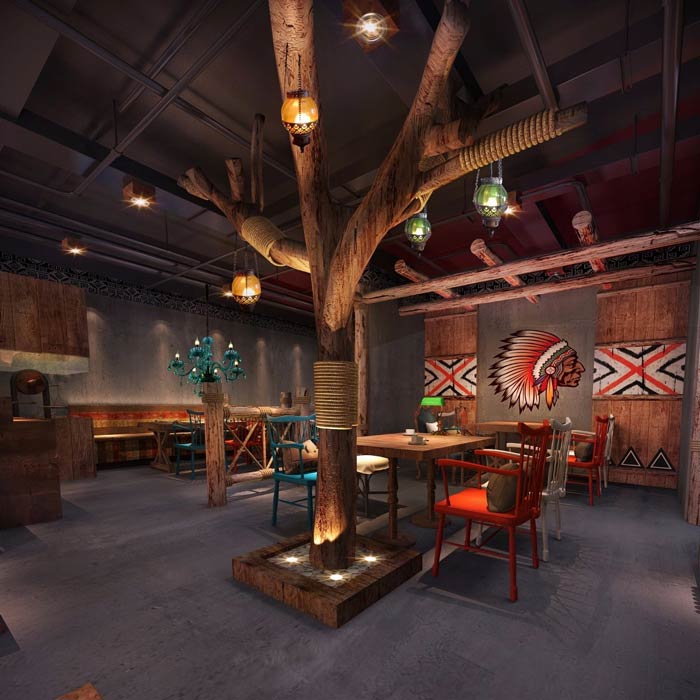 原始燒烤店一樓餐區(qū)裝修設計效果圖