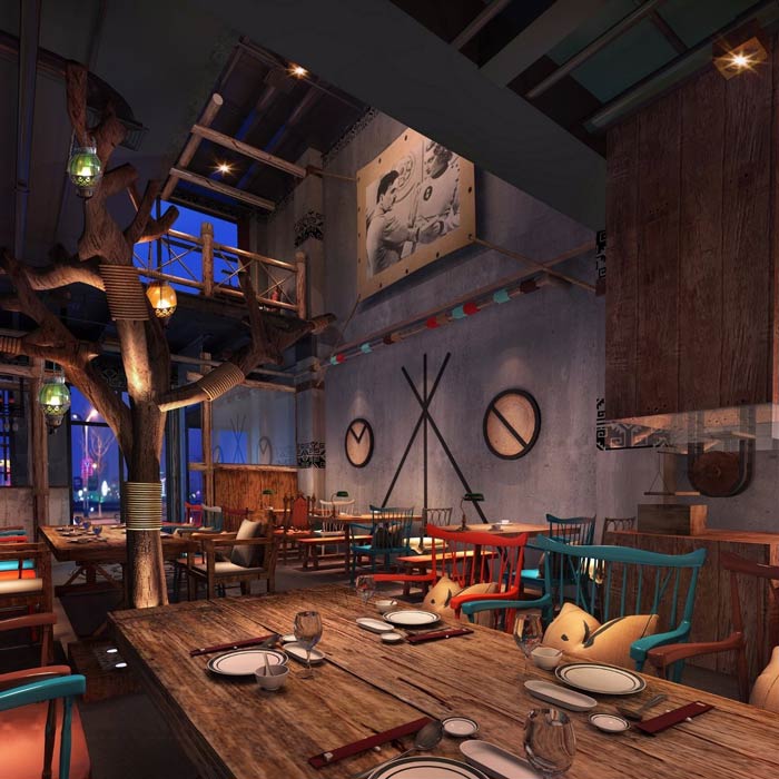 原始燒烤店一樓餐區(qū)裝修設計效果圖
