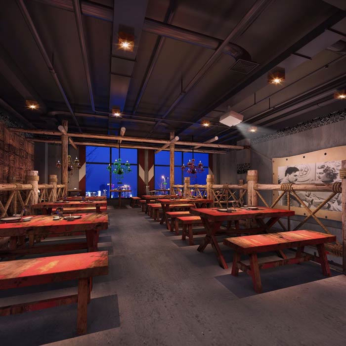 原始燒烤店二樓餐區(qū)裝修設計效果圖