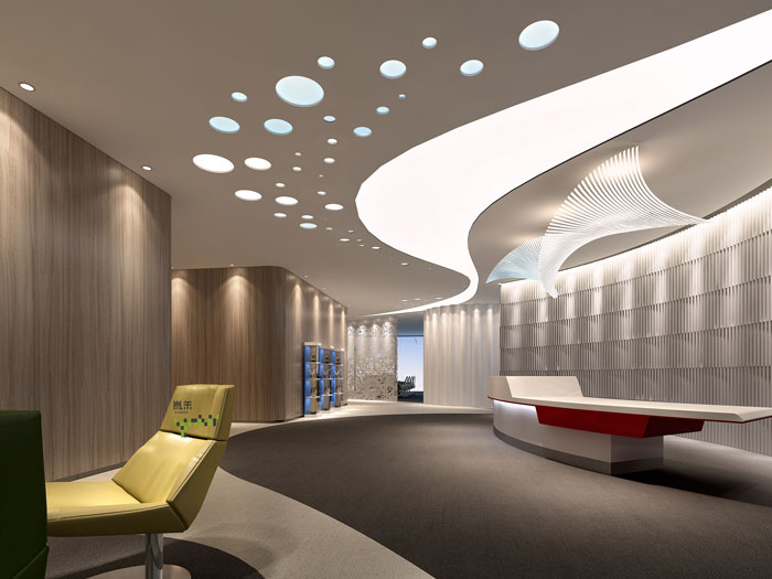 杭州器材公司辦公室前臺(tái)過(guò)道裝修效果圖